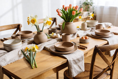 A beautifully arranged wooden dining table set for a meal with ceramic dishes, fresh flowers, and...