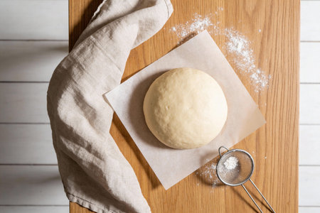 A round ball of raw dough sits on parchment paper, ready for baking, with a dusting of flour and a...