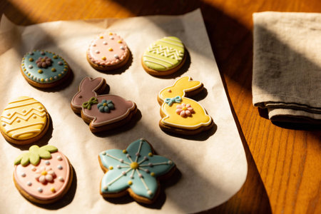 A variety of festive Easter-themed gingerbread cookies, including bunnies, eggs, strawberries, and...