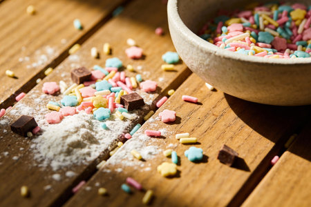 A close-up view of pastel-colored sprinkles and small chocolate cubes spilled on a rustic wooden...