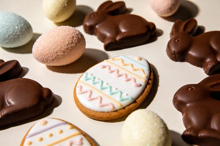 A delightful assortment of chocolate bunnies, sugar-coated eggs, and iced Easter egg cookies...