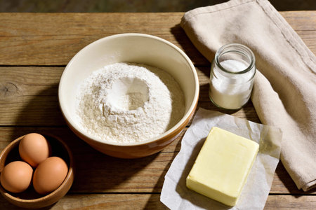 A collection of essential baking ingredients including flour, eggs, butter, and sugar are arranged...