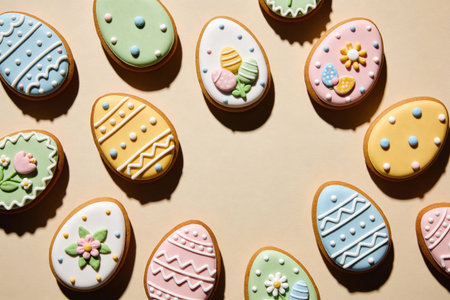 A collection of festive, handcrafted Easter egg cookies adorned with colorful icing and intricate...