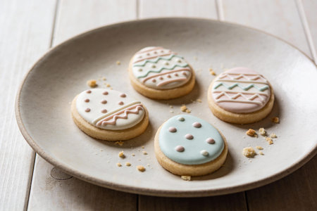 Four beautifully decorated Easter egg cookies sit on a rustic plate, showcasing pastel icing and...
