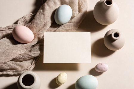 A serene flat lay composition featuring pastel-colored Easter eggs, minimalist ceramic vases, and a...
