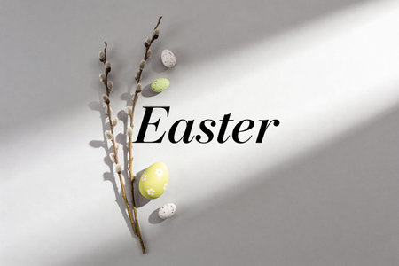 A minimalist composition featuring pussy willow branches and painted eggs, evoking the spirit of...