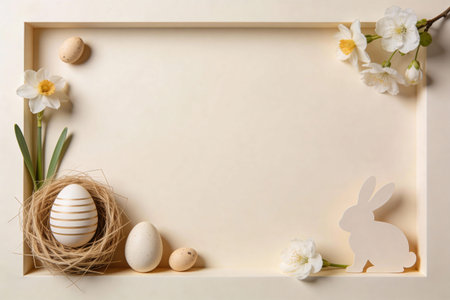 A charming Easter scene featuring a nest with a striped egg, scattered eggs, delicate daffodils, and...