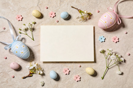 A festive arrangement of pastel Easter eggs, delicate flowers, and decorative elements on a textured...