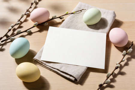 A blank card sits on a linen napkin surrounded by pastel Easter eggs and pussy willow branches,...