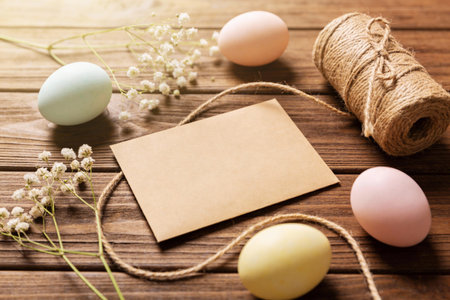 A rustic Easter scene featuring pastel-colored eggs, a roll of twine, delicate white flowers, and a...