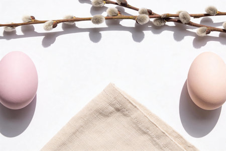 A minimalist composition featuring two pastel Easter eggs and a sprig of willow against a clean...