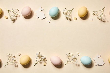 A charming arrangement of pastel Easter eggs, wooden bunny cutouts, and tiny white flowers creates a...