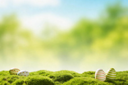 A collection of vibrantly painted Easter eggs nestled on a bed of soft, green moss, set against a...
