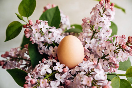 A natural Easter egg is nestled within a cluster of blooming lilac flowers, symbolizing spring's...