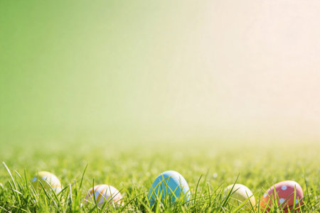 Decorated eggs are nestled amongst vibrant green blades of grass, bathed in gentle sunlight