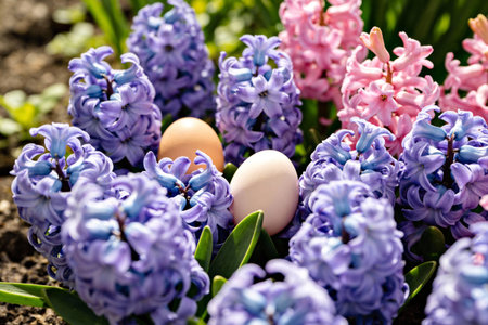 A close-up view of natural Easter eggs hidden within blooming purple and pink hyacinths, symbolizing...