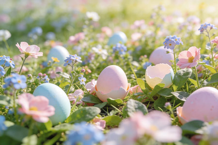 A vibrant spring scene featuring pastel-colored Easter eggs and delicate flowers, evoking a sense of...
