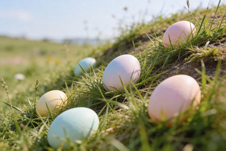 Colorful Easter eggs are scattered across a lush green meadow under a bright blue sky, waiting to be...