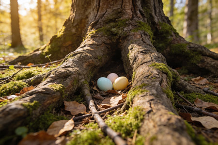 Three pastel-colored Easter eggs are nestled within the base of a large, ancient tree, surrounded by...
