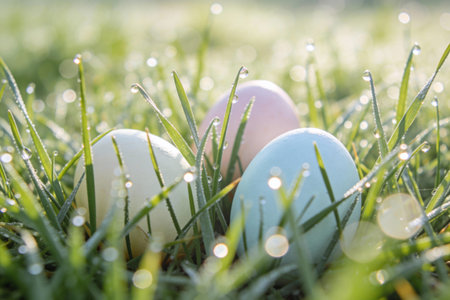 Three softly colored Easter eggs are hidden amongst blades of grass glistening with morning dew,...