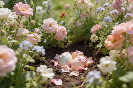 A charming Easter scene with pastel-colored eggs hidden amongst blooming flowers and soft rose...