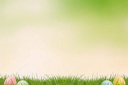 A row of colorful Easter eggs sits on vibrant green grass, creating a festive spring scene with a...