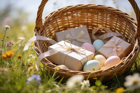 A woven basket overflows with beautifully wrapped gifts and soft-hued Easter eggs, nestled amongst...
