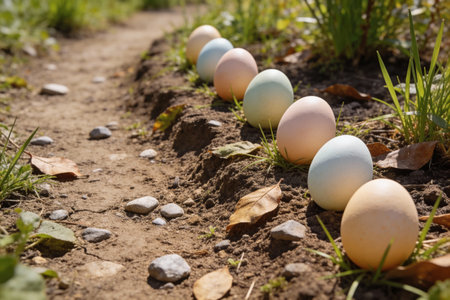 A row of pastel colored eggs are placed along a garden path with grass and fallen leaves