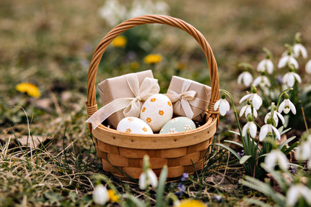 A charming wicker basket overflows with beautifully painted Easter eggs and wrapped gifts, nestled...