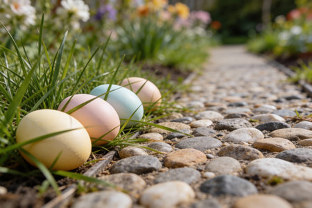 A row of pastel colored Easter eggs are hidden in the green grass along a winding garden path made...