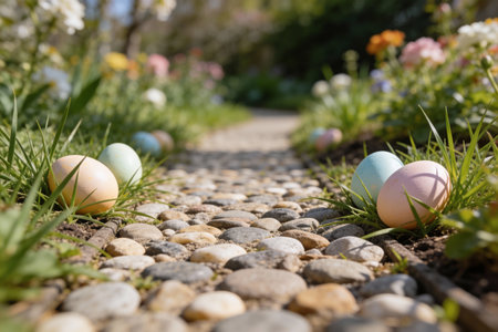 A stone pathway winds through a vibrant garden, with pastel-colored Easter eggs nestled amongst the lush green grass and colorful spring blossomsの写真素材