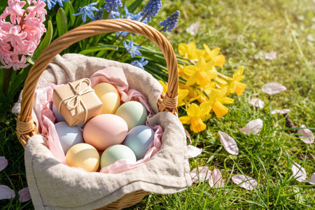A woven basket overflows with pastel colored eggs and a small kraft paper gift, nestled amongst...