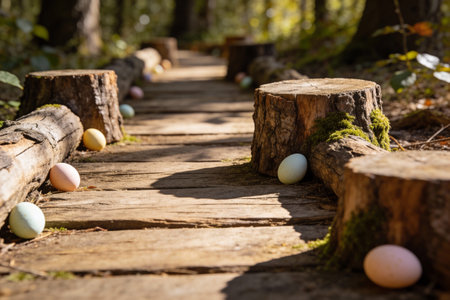 Colorful Easter eggs are hidden along a rustic wooden boardwalk winding through a serene forest...