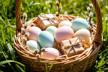 A woven basket overflows with delicately colored Easter eggs and tiny wrapped gifts, set against a...