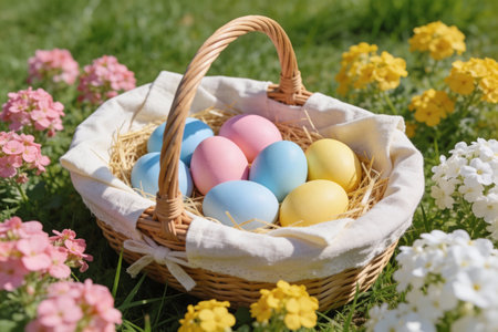 A woven basket lined with white fabric and straw holds blue, pink, and yellow Easter eggs, nestled...