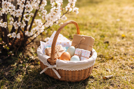 A woven basket brimming with wrapped gifts and decorative eggs remains on grassy ground beneath a...
