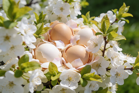 A charming arrangement of natural brown and white eggs remains within a nest of broken eggshells and...
