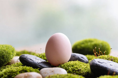 A solitary egg sits amongst vibrant green moss and smooth, dark, wet stones, creating a serene natural composition with a blurred backdropの写真素材