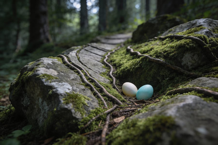 Two pastel-colored Easter eggs rest in a natural nest of twigs and moss on a forest floor, surrounded by ancient rocks and tree rootsの写真素材