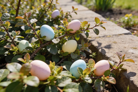 Colorful Easter eggs are nestled within the branches of a bush, creating a festive spring scene...