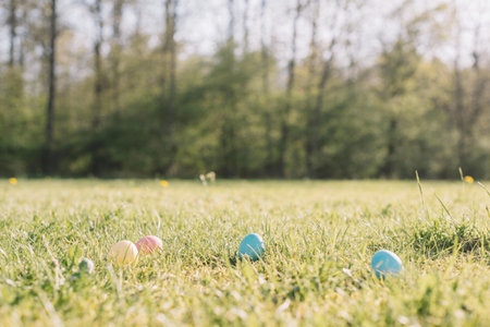 Colorful Easter eggs are scattered across a lush green lawn, with a blurred forest backdrop...