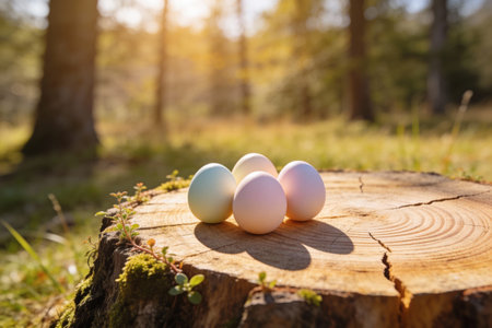 Four pastel-colored Easter eggs are artfully arranged on a weathered tree stump, bathed in warm...