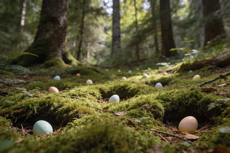 A whimsical Easter egg hunt unfolds amidst the lush green moss and towering trees of a sun-dappled...