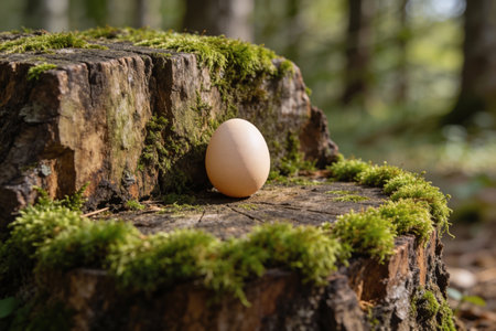 A solitary egg is placed on a weathered, mossy tree stump, surrounded by the natural beauty of a...