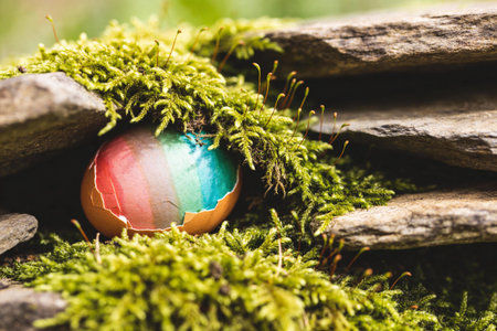 A broken, painted eggshell with rainbow stripes remains hidden amongst lush moss and weathered...