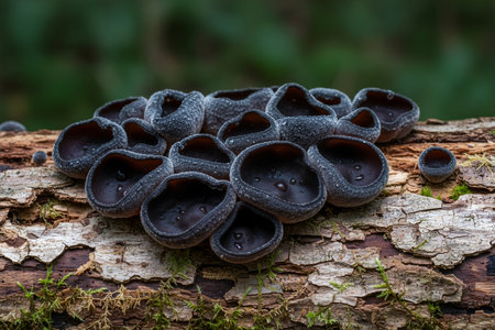 A cluster of black elfin cup fungi with water droplets clinging to their surfaces, nestled on rough bark with mossの写真素材