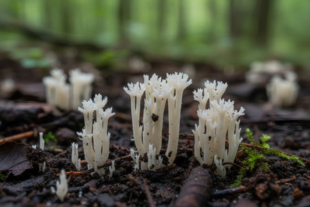Tiny white coral mushrooms emerge from the dark, moist soil surrounded by fallen leaves and moss in a serene woodland settingの写真素材