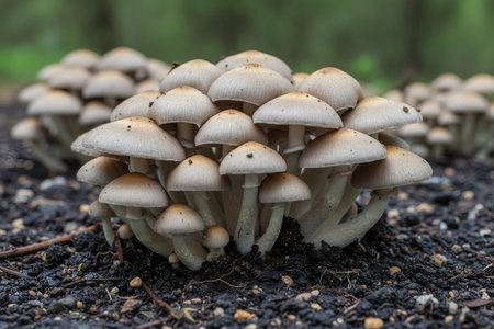 A dense cluster of small, pale brown mushrooms emerges from rich, dark soil, with a blurred forest background suggesting a natural habitatの写真素材