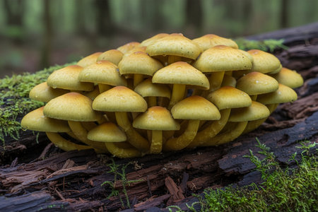 A dense cluster of small, yellow-capped mushrooms sprouts from decaying wood covered in vibrant green mossの写真素材