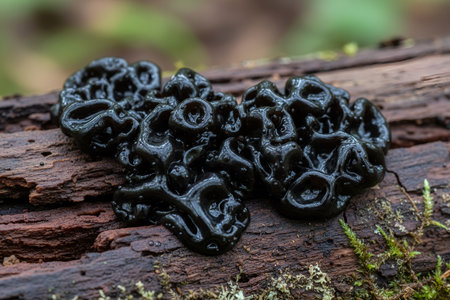 A cluster of black jelly fungus, also known as witches' butter, clings to a weathered wooden surface in a forest settingの写真素材